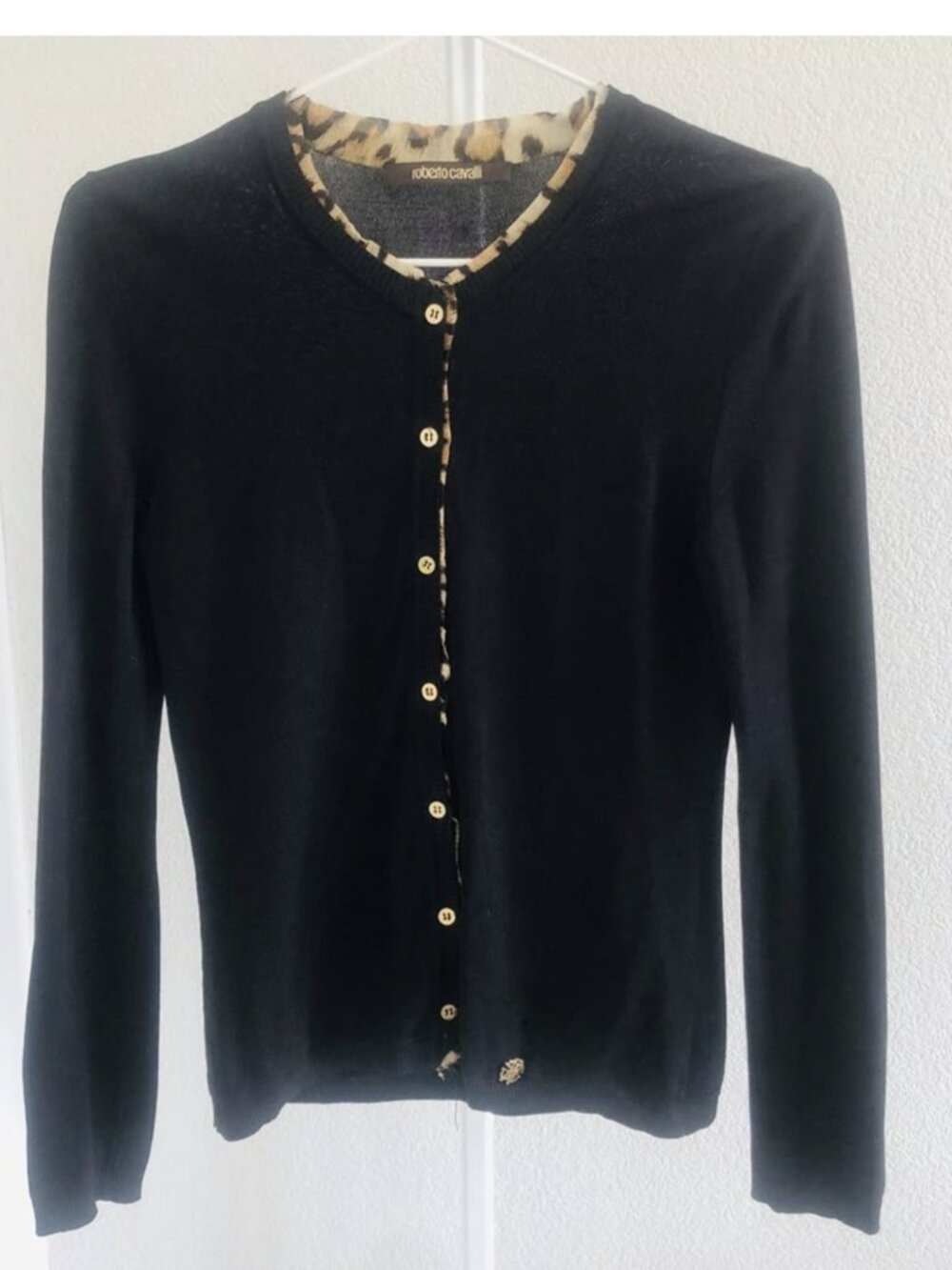 Roberto Cavalli Black Knit Cardigan Sweater, Long Sleeve, Animal Print